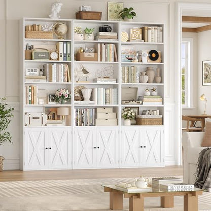 82" Tall Bookcase and Book Shelf, 24" Wide Bookshelf with Doors, 7 Tier Bookcase with Storage and Adjustable Shelf, Open and Display Farmhouse Bookshelf for Living Room, Home Office, White
