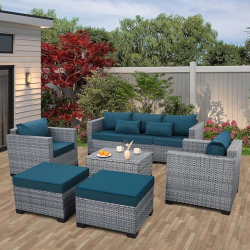 6 Pieces Wicker Patio Furniture Sets Outdoor Conversation Set HDPE Rattan Sectional Sofa Couch with Storage Table and Non-Slip Cushions, Peacock Blue