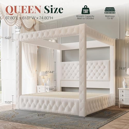 Queen Canopy Bed Frame Velvet Upholstered Headboard, Cream, view 3