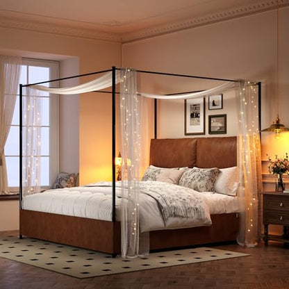 King Size Upholstered Canopy Bed Frame with Faux Leather Headboard, Brown, view 4