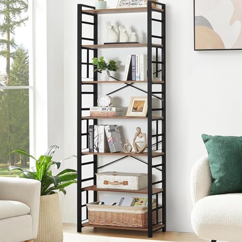 7 Tier Bookshelf,84 inch Tall Industrial Bookcase with Metal Frame and Open Shelves,Rustic Heavy Duty 7 Shelf Bookcase, Office Book Shelves for Living Room and Bedroom,Brown