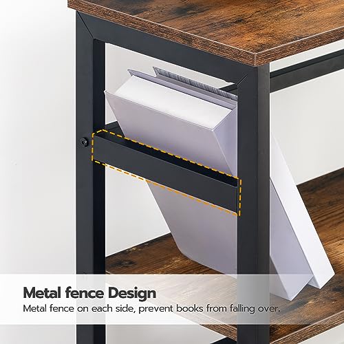 3 Tier Bookshelf, 23.6" L Industrial Bookcase, Record Storage Rack with Side Fence, Storage Shelf with Metal Frame, Rustic Open Display Shelf for Living Room, Bedroom, Rustic Brown BF86CJ01G1