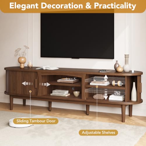 69" Fluted TV Stand for TVs Up to 80" with Charging Station, Walnut, view 5