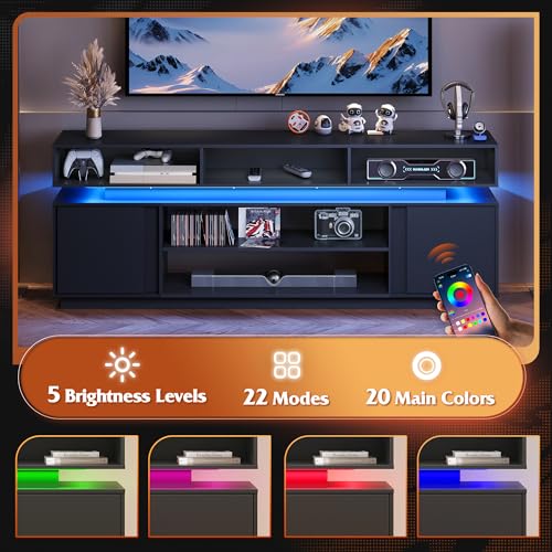 Modern TV Stand for 75 Inch TV, 2 Tier Entertainment Center with RGB LED Lights & Storage Cabinets, Media TV Console Gaming Television Stands for Living Room, Bedroom, Black