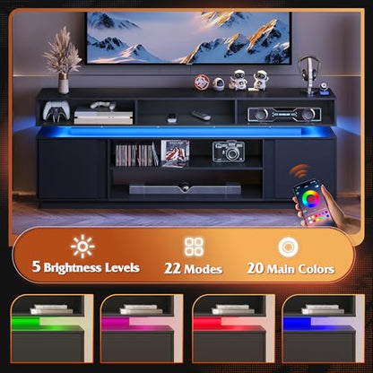 Modern TV Stand for 75 Inch TV, 2 Tier Entertainment Center with RGB LED Lights & Storage Cabinets, Media TV Console Gaming Television Stands for Living Room, Bedroom, Black