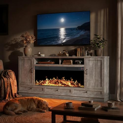 85" Large TV Stand with 47" Fireplace, 85" W & 39" H, Gray, view 6