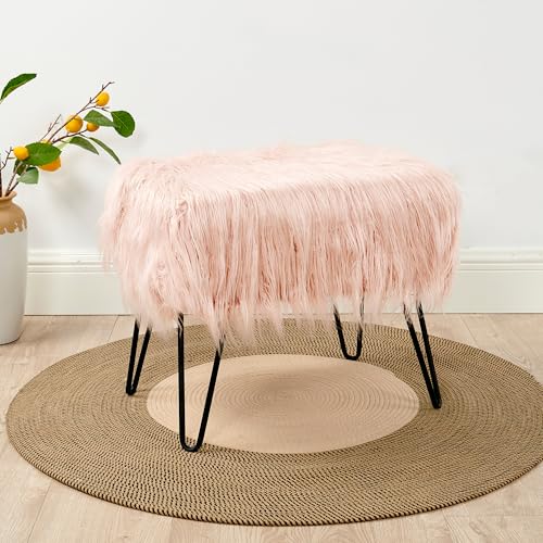 Pink Mongolian Faux Fur Ottoman, Rose, 19'' x 13'' x 17'', Cozy Plush Fluffy Ottoman Foot Rest Stool for Living Room Bedroom Entryway Makeup Bench End of Bed Home Décor