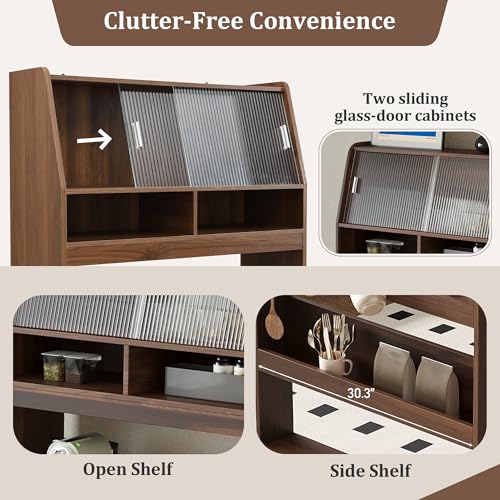 Kitchen Buffet with Hutch, 33.5-inch Sideboard Cabinet with Foldable Drop-Leaf Dining Table, Storage Shelves and Hooks for Small Spaces, Apartment (Walnut Wood+MDF + Farmhouse)