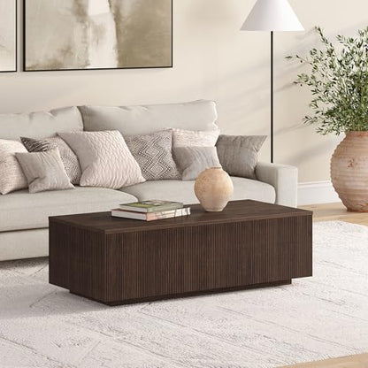 48" Fluted Rectangular Low-Profile Coffee Table with Ribbed Base for Living Room, Family Room, or Office, Rich Brown