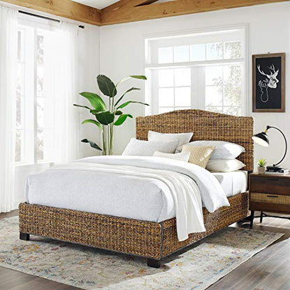 Serena Bed, Handwoven Natural Fiber Rattan Headboard and Footboard Set, Banana Leaf, Queen