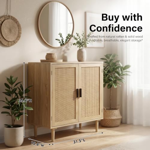 Sideboard Buffet Cabinet, Kitchen Storage Sideboard with Rattan Decorated Doors, Liquor Coffee Buffet, Dining Room, Hallway, Console Table, Accent Cabinet, 31.5X 15.8X 34.6 Inches, Natural