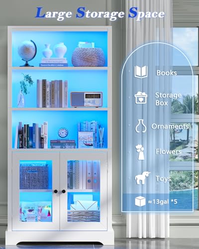 5-Tier Bookshelf, 65" Bookshelf with Multi-Color Ambient Lights (APP Remote Control), Tall Vertical Display Shelf with Cabinet Doors, Suitable for Living Room, Bedroom, Study, Office, White