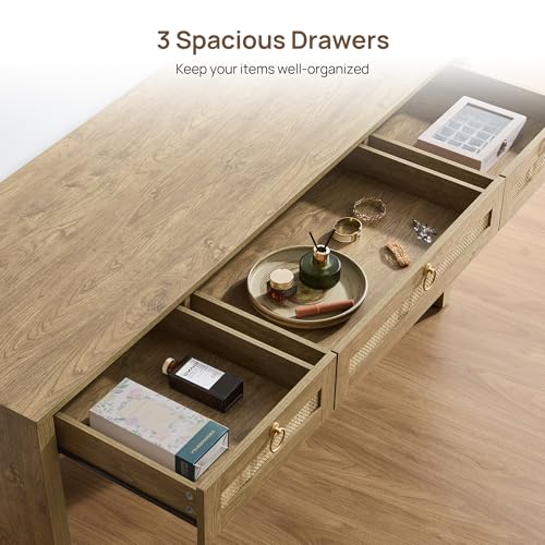 60" Rattan Computer Desk Writing Table with Storage: Long Home Office Desk with 3 Drawers, Farmhouse Executive Desk Console Table for Living Room, Office (Carbon Cherry, 1 Piece)
