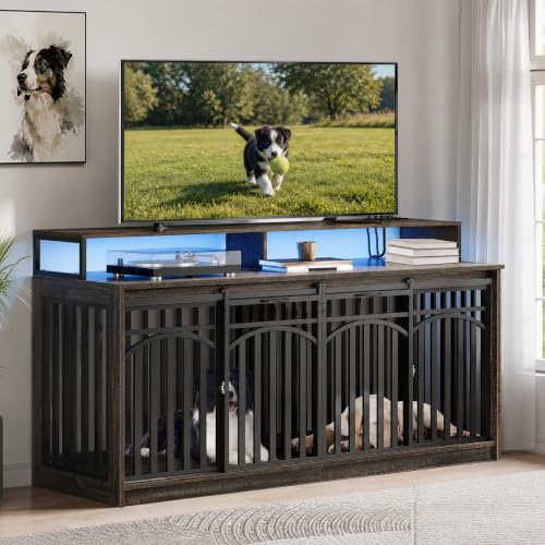 71" Double Dog Crate Furniture with Power Outlets & LED Light, view 2