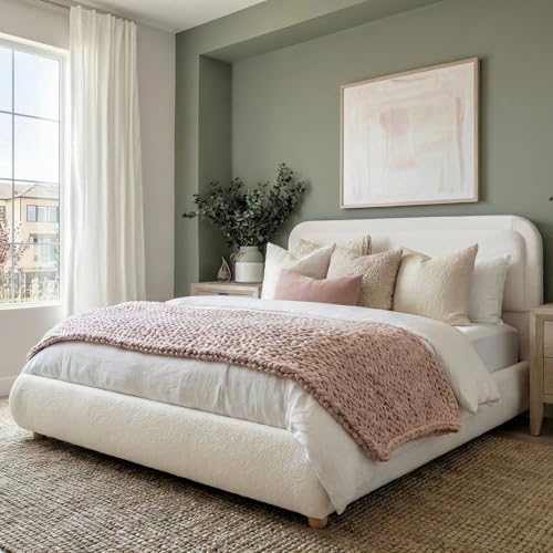 Cloud Queen Size Bed Frame with Headboard, Solid Wood Legs, Beige, view 4