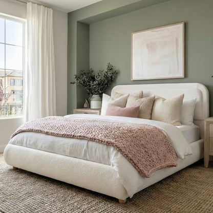 Cloud Queen Size Bed Frame with Headboard, Solid Wood Legs, Beige, view 4