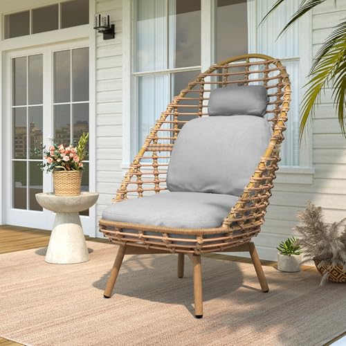 Ellis Swivel Lounge Chair Outdoor, High Back Comfy Reading Chair with Cushion, Iron Frame Wicker Accent Chair, Single Sofa Chair Patio Furniture Set, Light Brown+Light Gray