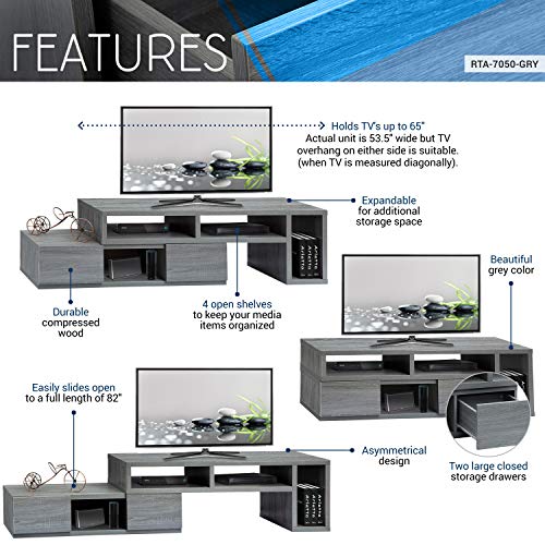 Adjustable TV Stand with Storage Fits Up to 65" TV, Grey | Modern media console, adjustable width, storage shelves, cable management, living room furniture, entertainment center