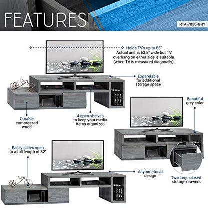 Adjustable TV Stand with Storage Fits Up to 65" TV, Grey | Modern media console, adjustable width, storage shelves, cable management, living room furniture, entertainment center