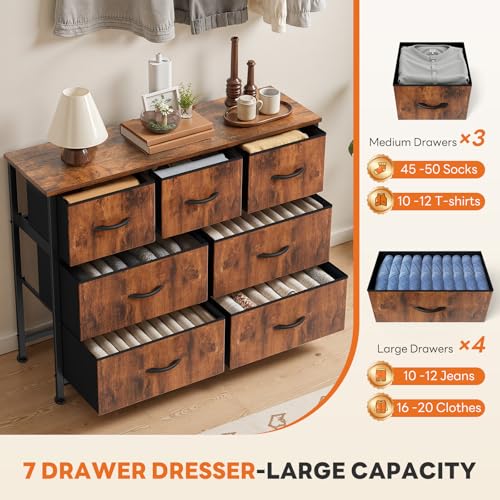 7 Drawer Dresser for Bedroom Storage with Fabric Bins, Brown, view 6