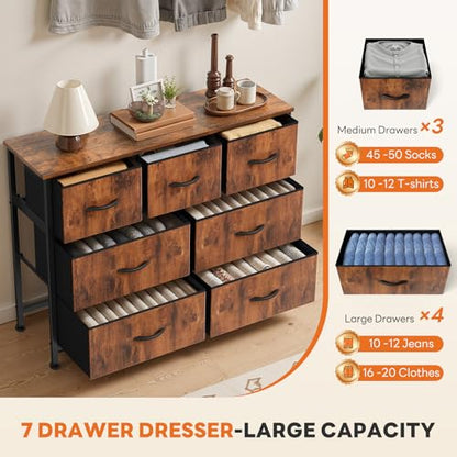 7 Drawer Dresser for Bedroom Storage with Fabric Bins, Brown, view 6