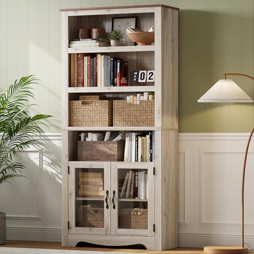 Bookshelf with Doors, 6 Shelf Bookcase Tall Bookshelves, view 4