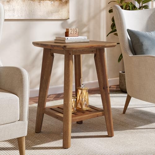 Square Side Table with 2-Tier Storage Shelf & Solid Wood Material, 19.68" Wood End Table for Living Room, Sofa Side, Small Spaces – Easy Assembly, Space-Saving Design