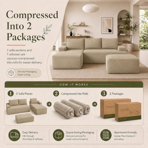 Boneless Couch, Modular Sectional Couches for Living Room, U-Shaped Cloud Couch Sofa with Deep Seat, Fluffy Corduroy Upholstered Corner Sofa