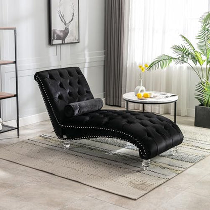 63" Retro Velvet Chaise Lounge Indoor with High Backrest, view 7