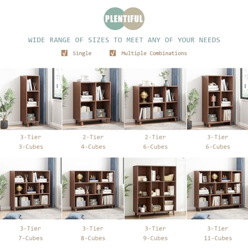 IOTXY Open Cubes Low Bookcase - 3-Tier 11-Cube Short Bookshelf in Walnut | Nordic Minimalist Style, MDF Material, Solid Wood Legs, Deep Storage Cubes, Free Standing Wooden Cabinet Organizer Unit
