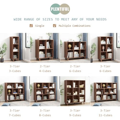 IOTXY Open Cubes Low Bookcase - 3-Tier 11-Cube Short Bookshelf in Walnut | Nordic Minimalist Style, MDF Material, Solid Wood Legs, Deep Storage Cubes, Free Standing Wooden Cabinet Organizer Unit