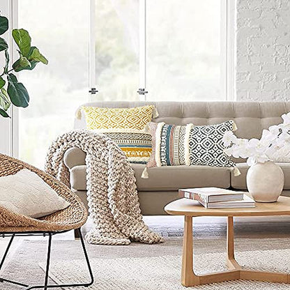 Lumber Boho Throw Pillow Cover for Couch Sofa - Cotton Hand-Woven Tufted Moroccan Decorative Pillows Cover with Tassels for Farmhouse Living Room Bedroom Car Hotel - Blue 12 x 20 Inches
