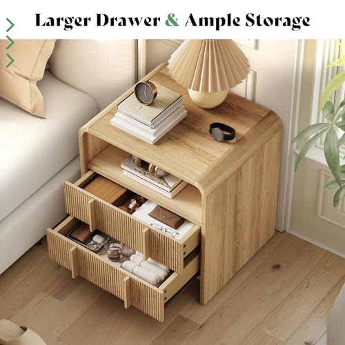 3-Piece Modern Fluted Bedroom Furniture Set, Including Wood Queen Size Bed Frame with Headboard & Footboard and Storage Night Stand Set of 2, Wooden Bedframe and Nightstand Sets, Natural Oak