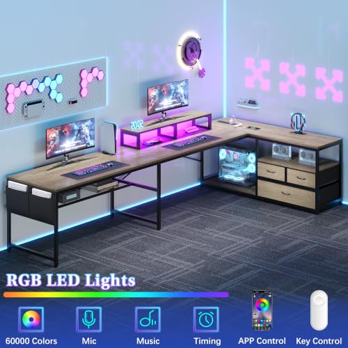 102“ L Shaped Gaming Desk with 3 Drawers & LED Light & Power Outlet, view 4