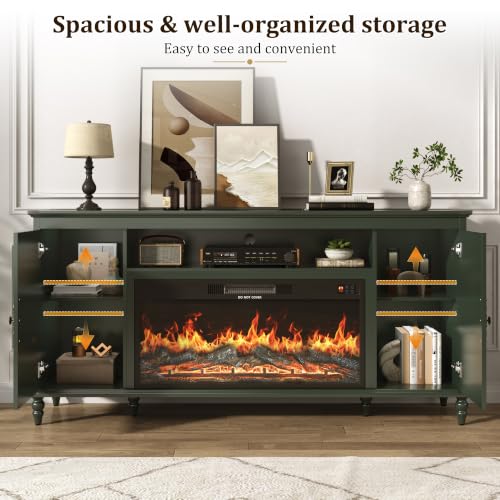 Modern Farmhouse Fireplace TV Stand for 80" TV, 70" Media Console, Green, view 5