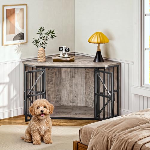 44" Corner Dog Crate Furniture for Medium Dogs, Greige TGW03BG, view 5