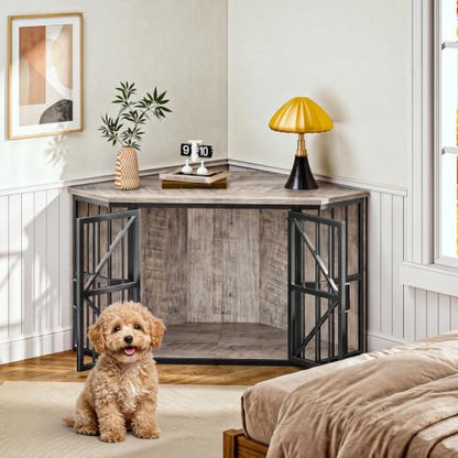 44" Corner Dog Crate Furniture for Medium Dogs, Greige TGW03BG, view 5