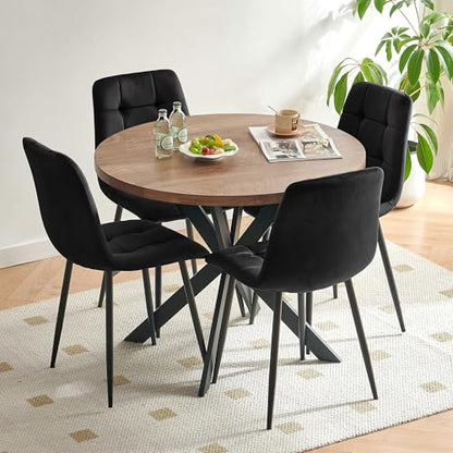 37-Inch Round Kitchen Dining Room Table Set for 4, Modern Mid-Century Brown Dining Table with Black Velvet Chairs Set, Small Dining Set for Restaurant/Dining Hall