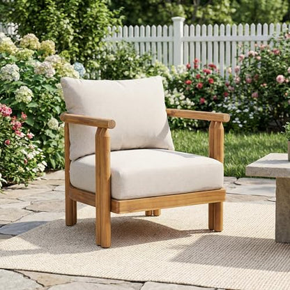 Cove Acacia Wood Lounge Chair Outdoor with Removable Cushion, Solid Wood Patio Accent Chair, Patio Furniture Outdoor Club Chair, Light Teak+Beige