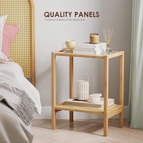 Side Table Nature Rattan Night Stand Glass End Table 2-Tier with Storage Boho Bedside Table for Small Spaces Bamboo Coffee Table for Bedroom Living Room