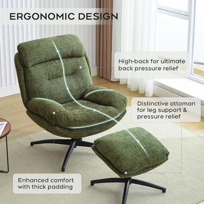 Swivel Accent Chair with Ottoman Set for Living Room, Chenille Comfy Reading Chair with High Back, TV Lounge Chair with 360 Degree Swiveling, Tilting for Bedroom, Modern Armchair with Footrest, Green
