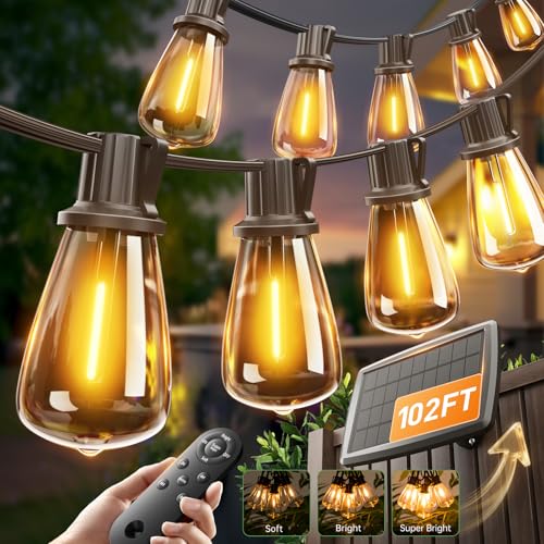 102FT(96+6) Solar String Lights Outdoor with Remote, Waterproof Patio Lights with 30 Shatterproof LED Bulbs, 30H+ Long-Lasting Dimmable & Timable Solar Light for Backyard Camping Garden Decor