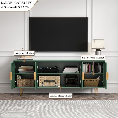 TV Stand with Storage, 66" Modern TV Entertainment Center for TVs up to 75 Inch, Under TV Cabinet with Glass Door, TV Console Media Center for Living Room, Bedroom Green