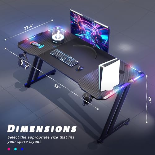 55 Inch Gaming Desk Z Shaped Carbon Fiber Computer Desk with LED, view 4