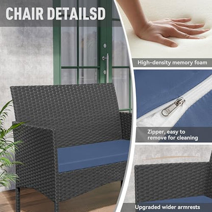 Patio Furniture Set 4 Pieces Outdoor Wicker Rattan Chairs Conversation Sets w/Coffee Table, Rocking Bistro Set, for Patio Backyard Lawn (Navy Blue)