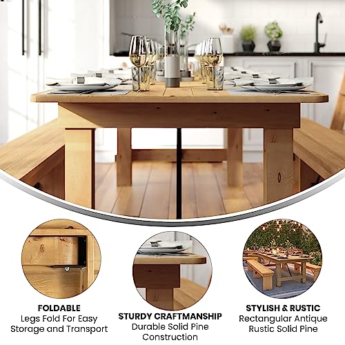 Hercules Commercial Grade Farmhouse Dining Table | Solid Pine Foldable Table for 10 in Antique Rustic Light Natural | Rustic Charm for Home and Events