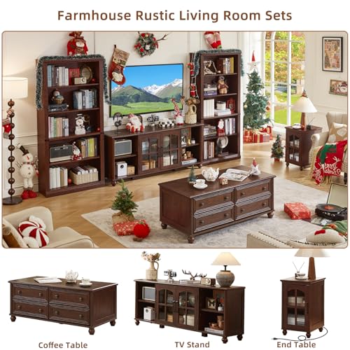 Farmhouse TV Stand for 60 Inch TV, Wood Entertainment Center with Adjustable Shelves & Glass Door Storage Cabinet,Television Stands for 65" TVS,TV Console Table for Living Room,Bedroom,Walnut