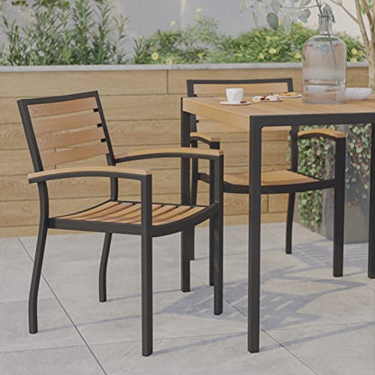 Stackable Aluminum Patio Chair - Set of 2 All-Weather Black Framed Side Chair with Faux Teak Slats - Commerical Grade