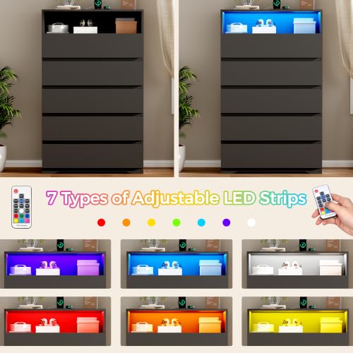 Black Tall 5 Drawer Dresser for Bedroom with LED Light, view 5