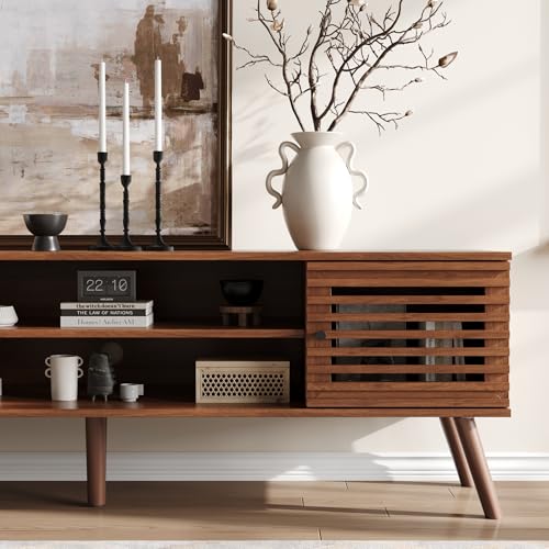 61" Mid Century Modern TV Stand for 50/55/60/70 inch TV, TV Media Console with Slatted Doors for TVs up to 70", Entertainment Center with Storage for Living Room, Bedroom, Walnut